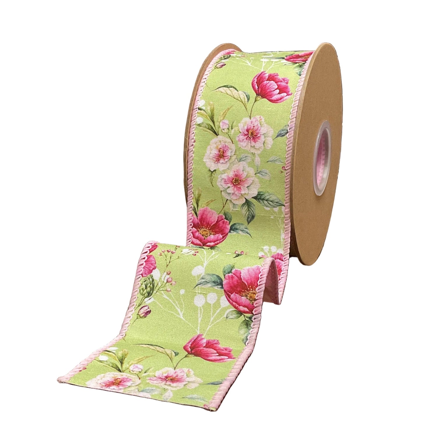 2 1/2” Wired Dupioni Ribbon/Rose Blooms on Green w Pink Backing/10Yard Roll