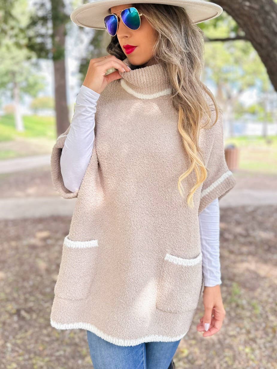 Soft Knit Turtleneck Short Sleeve Pocket Pullover Sweater