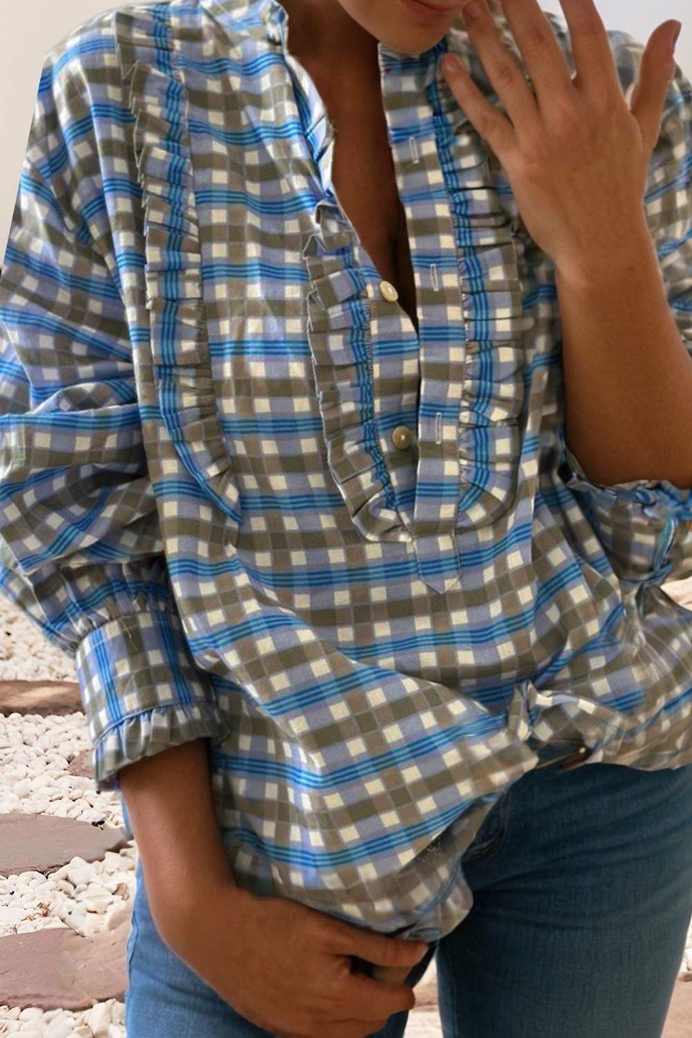 Plaid Long Sleeve Frilled Detail Half Button Blouse