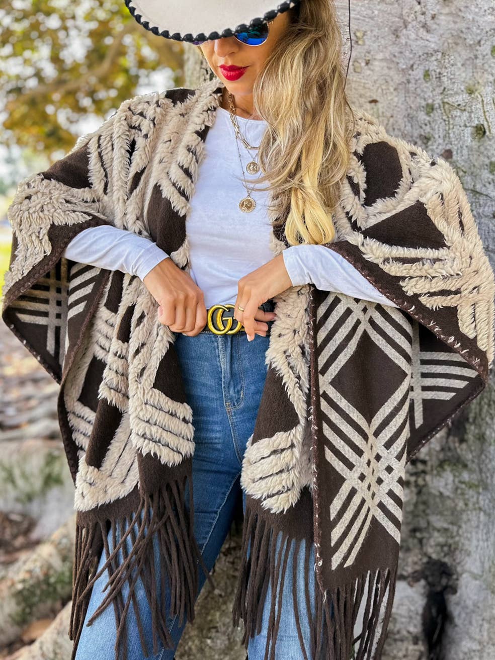 Western Boho 3D Textured Geometric Fringe Ruana Cardigan