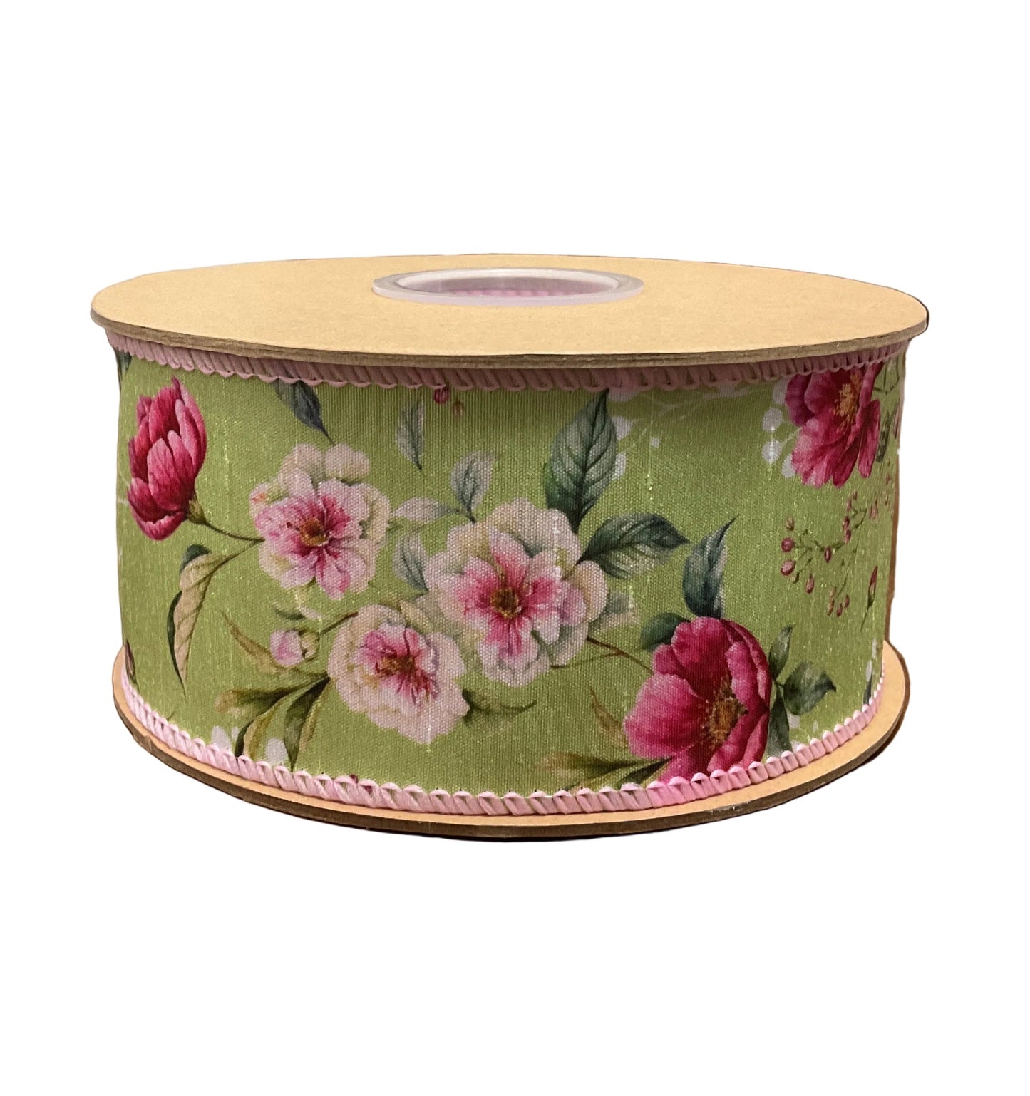 2 1/2” Wired Dupioni Ribbon/Rose Blooms on Green w Pink Backing/10Yard Roll