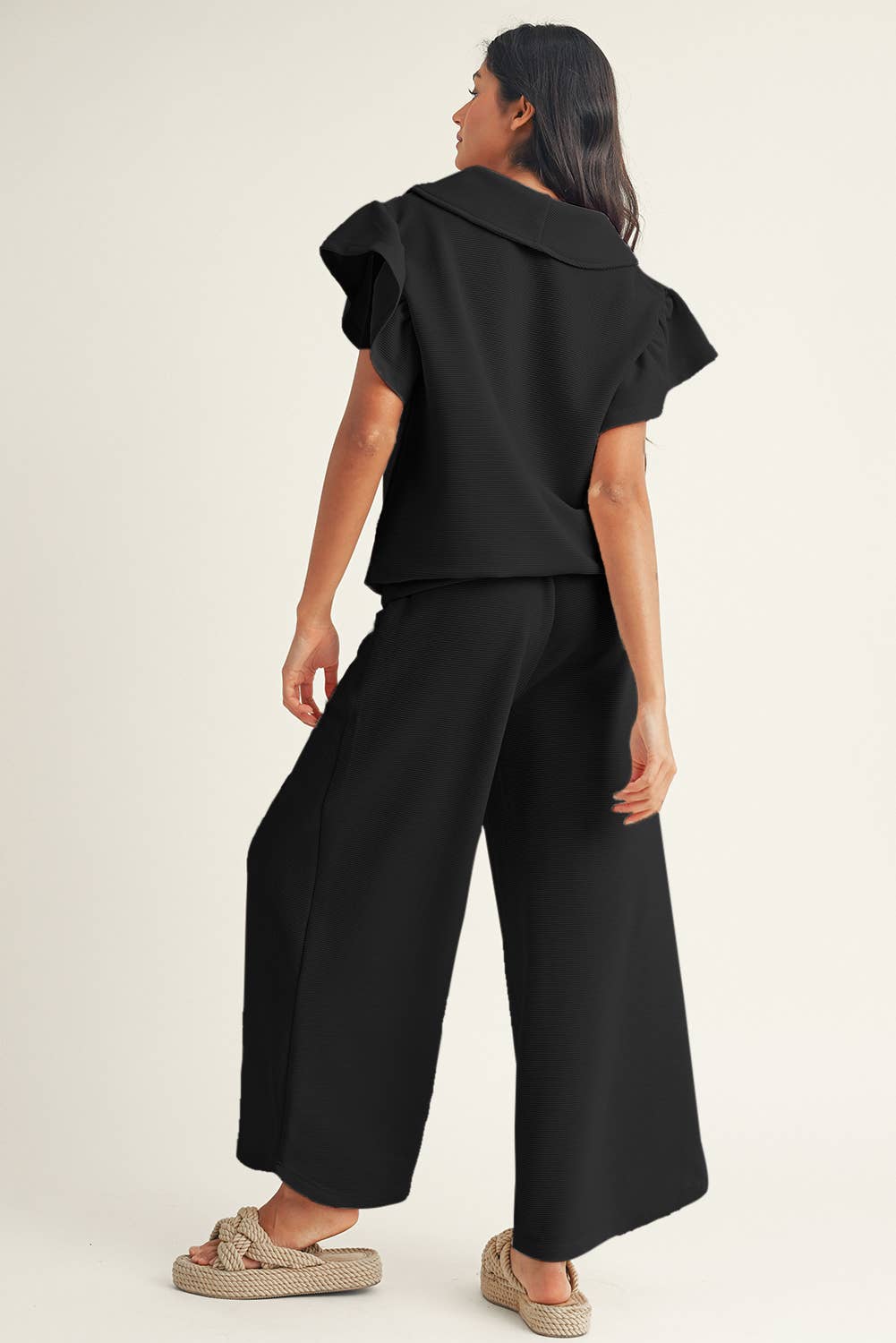 Textured Ruffled Sleeve Top and Wide Leg Pants Set