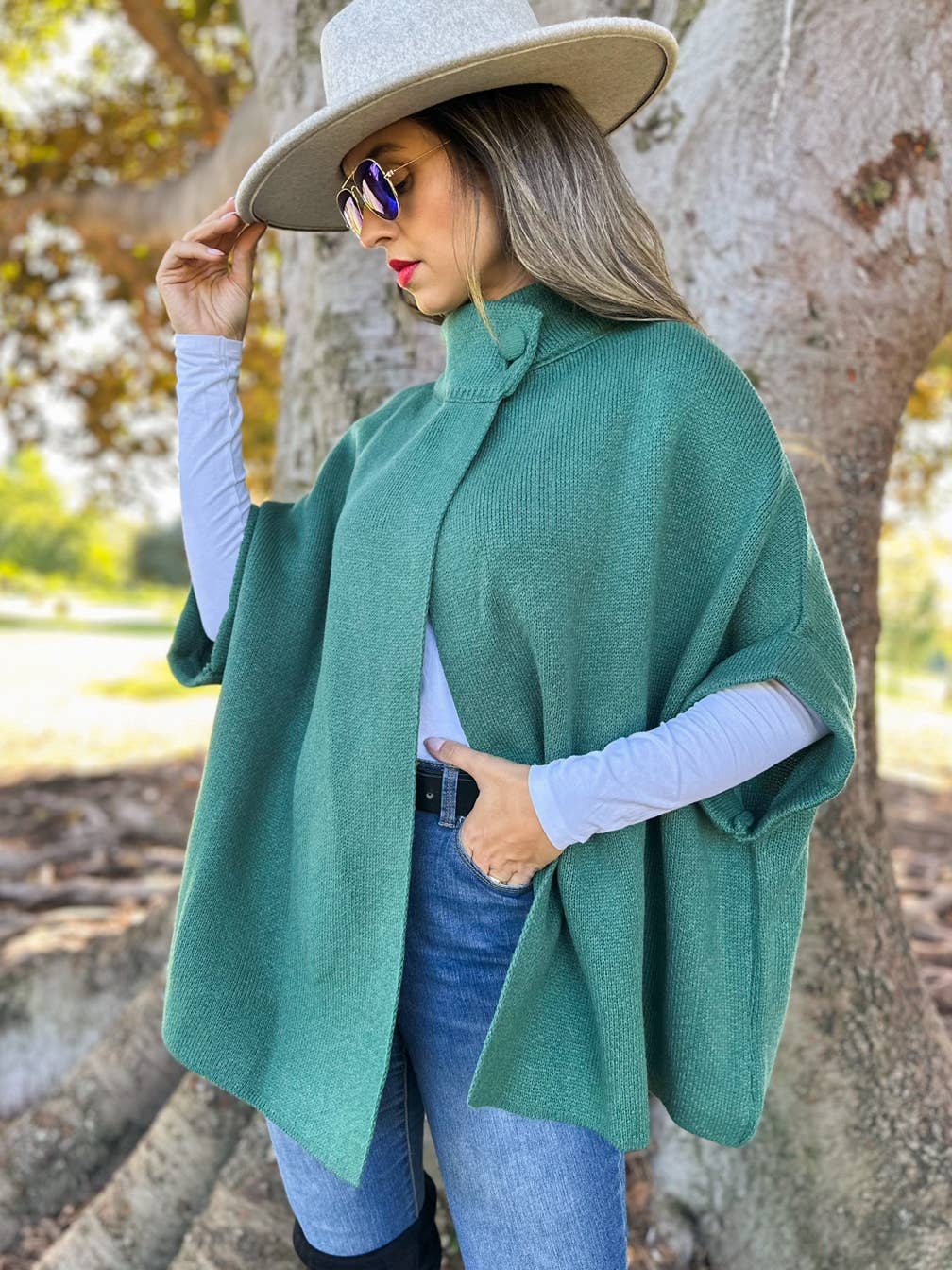 Button Neck Knit Cape Ruana Cardigan – Cozy Wrap