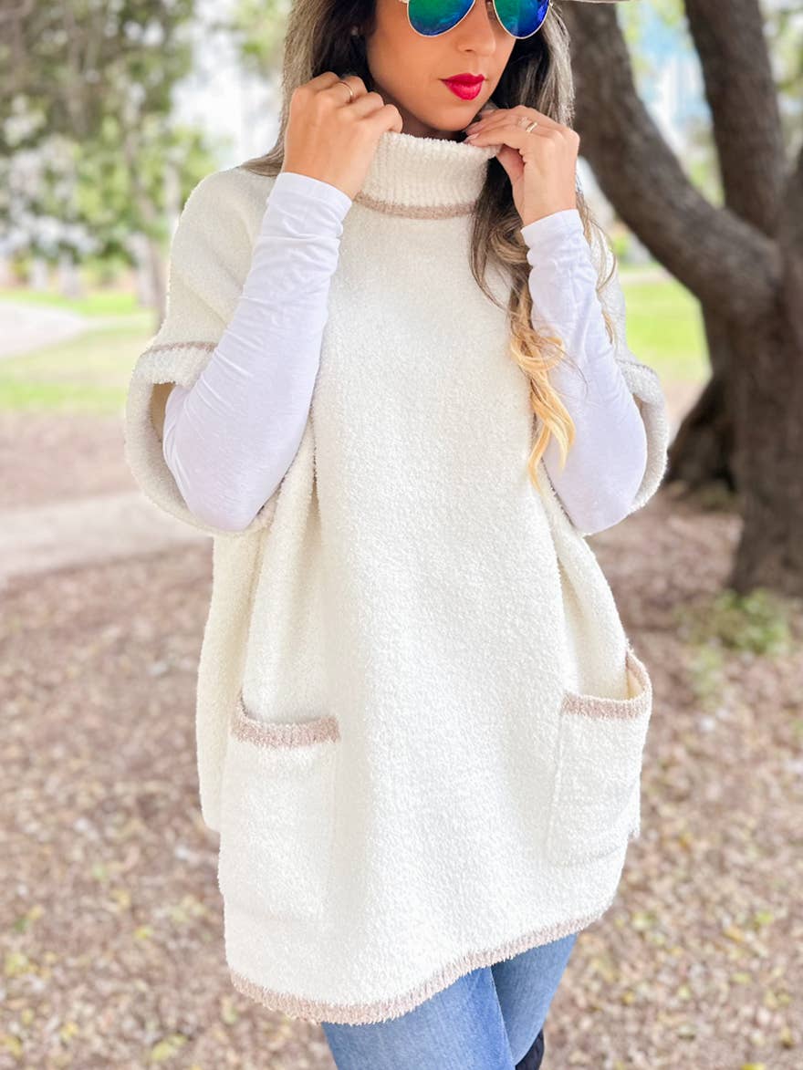 Soft Knit Turtleneck Short Sleeve Pocket Pullover Sweater