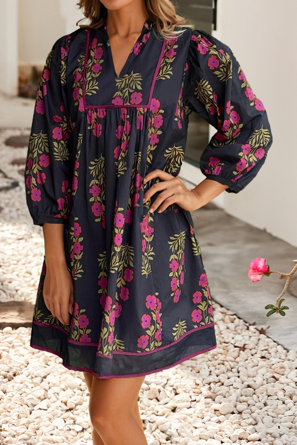 Notched Neck Piping Trim Bracelet Sleeve Babydoll Dress