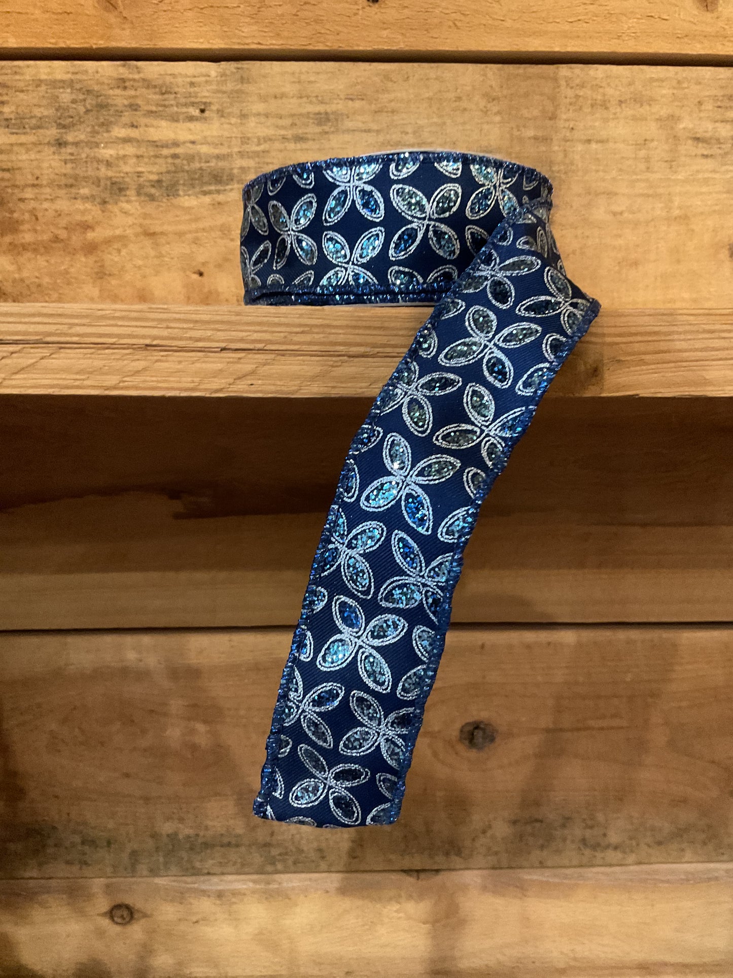 Glitter Quatrefoil Petals Navy Ribbon 1.5”x10YD