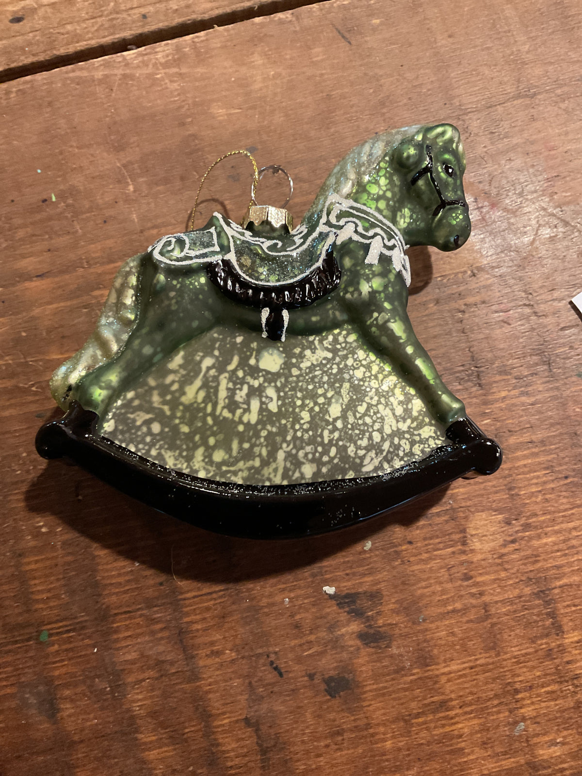 Glass Rocking Horse Ornament w/ Glitter Green
