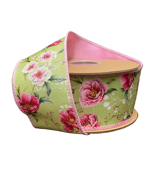 2 1/2” Wired Dupioni Ribbon/Rose Blooms on Green w Pink Backing/10Yard Roll