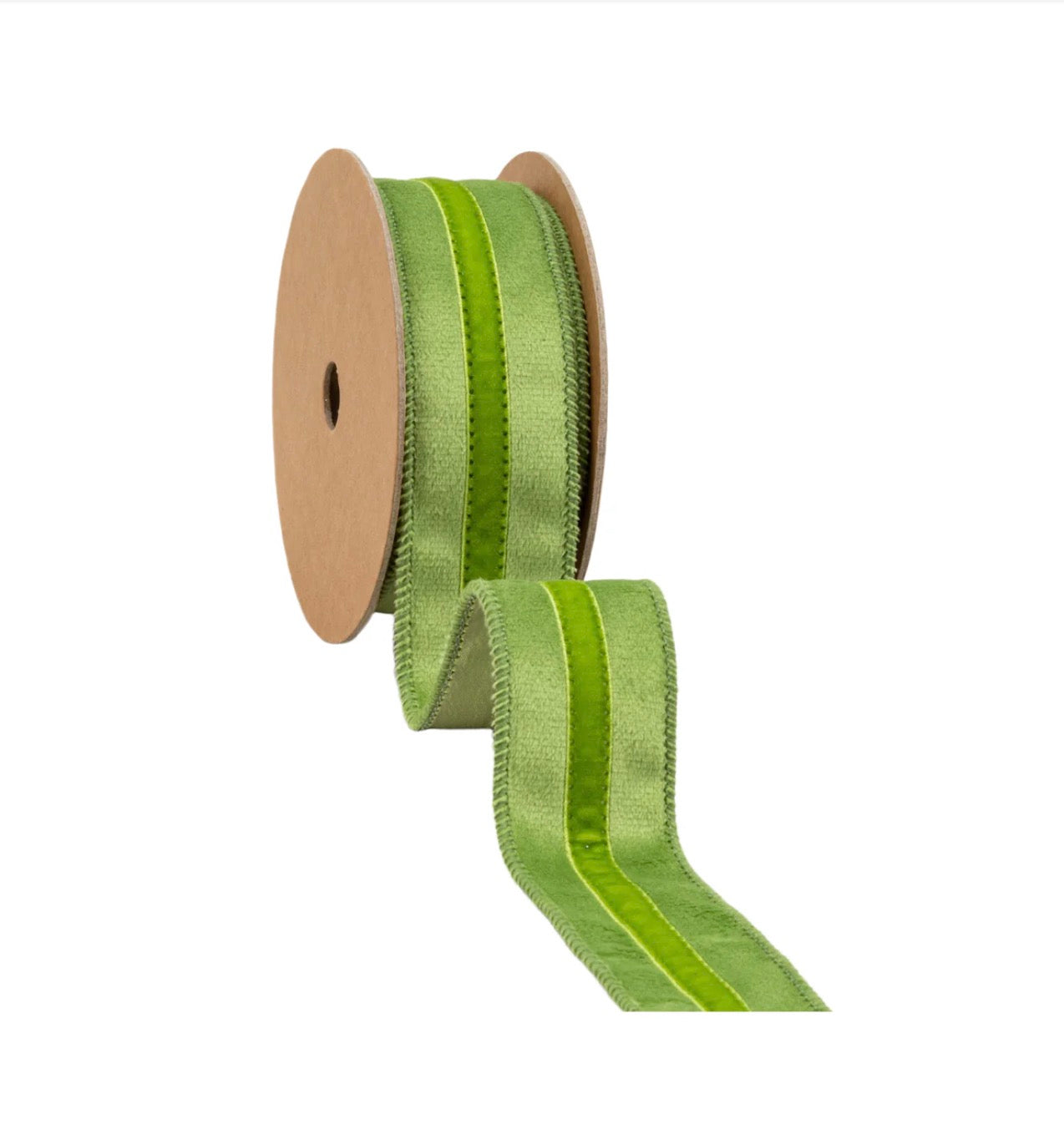 1 1/2” Wired Velvet Ribbon/Green w Green Trim/10 Yard Roll