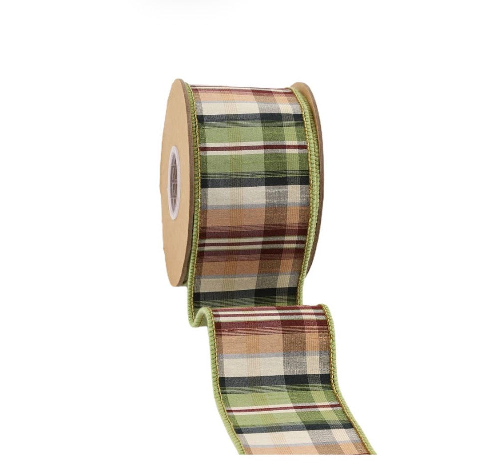 2 1/2” Wired Ribbon Green/Tan Plaid w Dupioni Back 10yrds