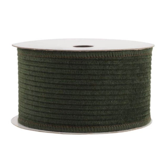 2 1/2” Wired Corduroy Ribbon Green w Burlap Back, 5yd
