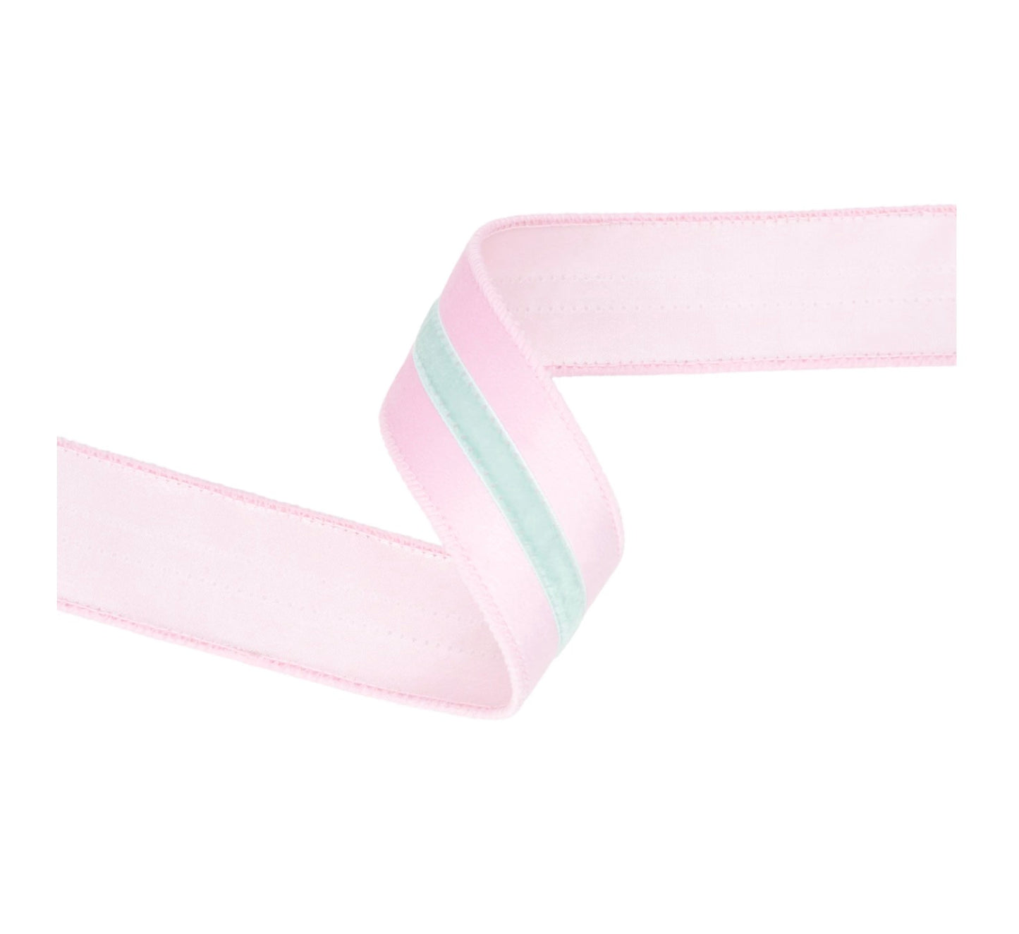 1 1/2” Wired Velvet Ribbon/Pink w Blue Trim/10 Yards