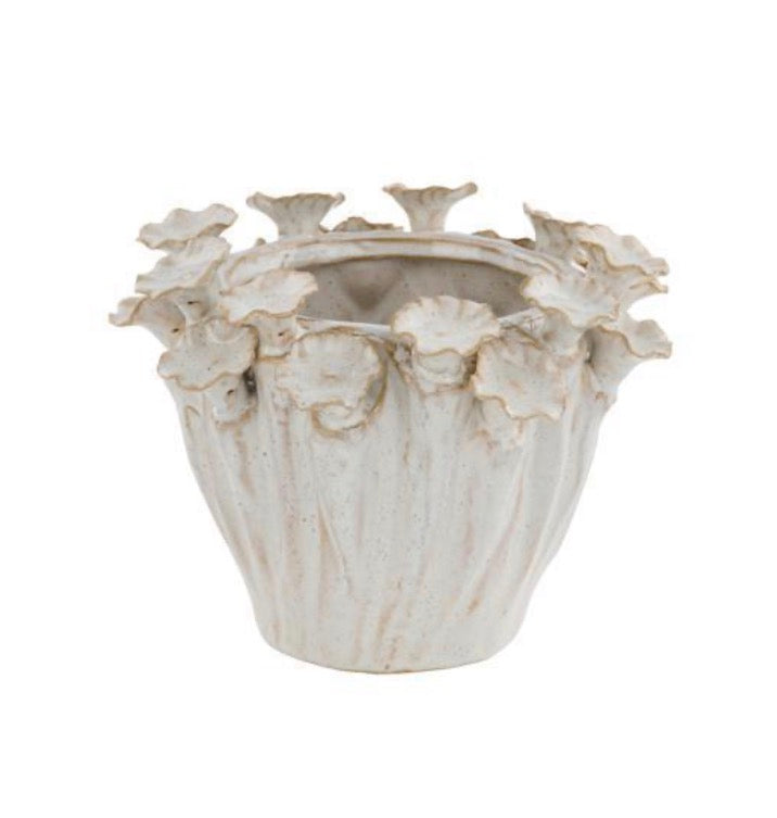 Stoneware Pot w Floral Rim