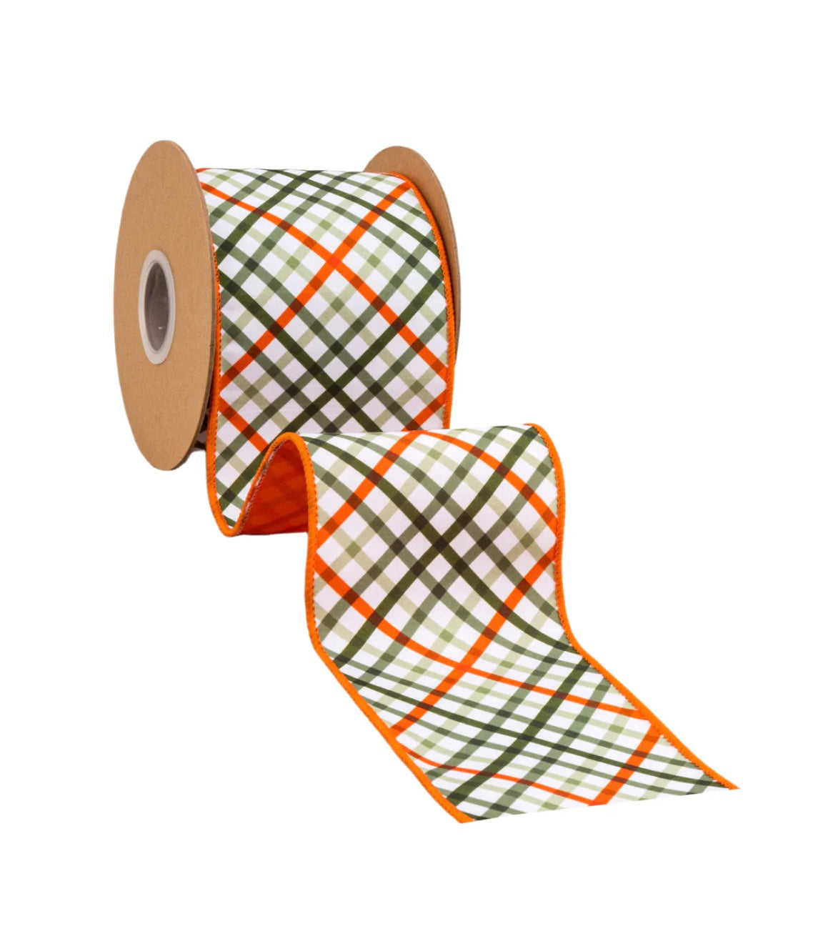 4” Wired Dupioni Ribbon Garden Bias Plaid w Orange Backing/10 Yard Roll