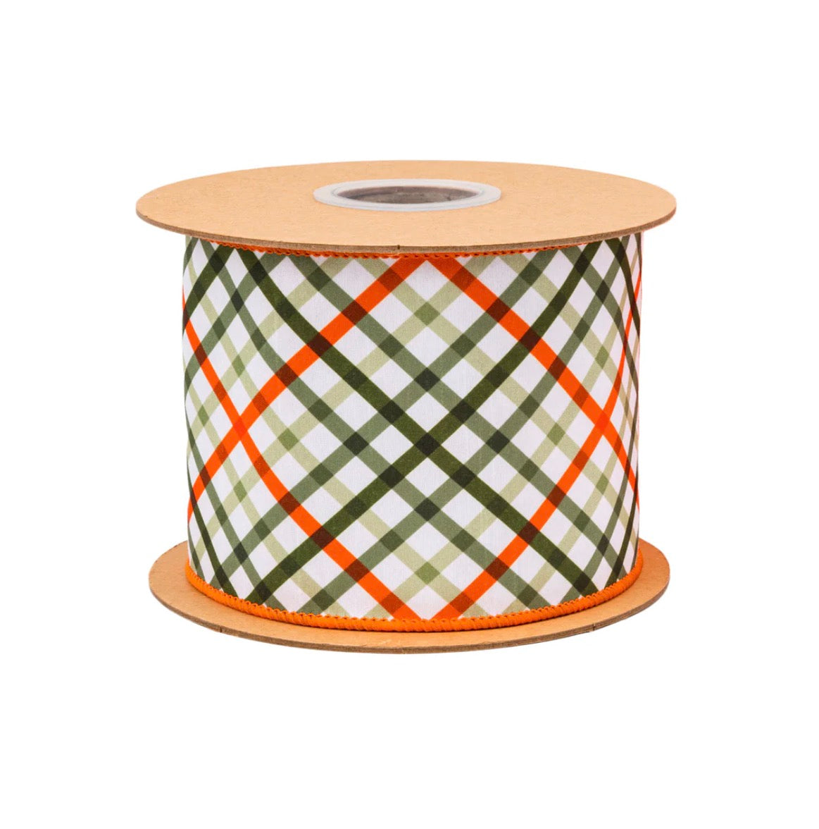 4” Wired Dupioni Ribbon Garden Bias Plaid w Orange Backing/10 Yard Roll