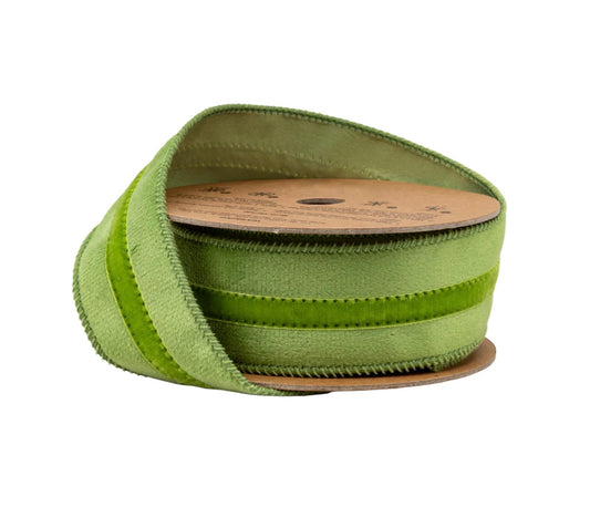 1 1/2” Wired Velvet Ribbon/Green w Green Trim/10 Yards