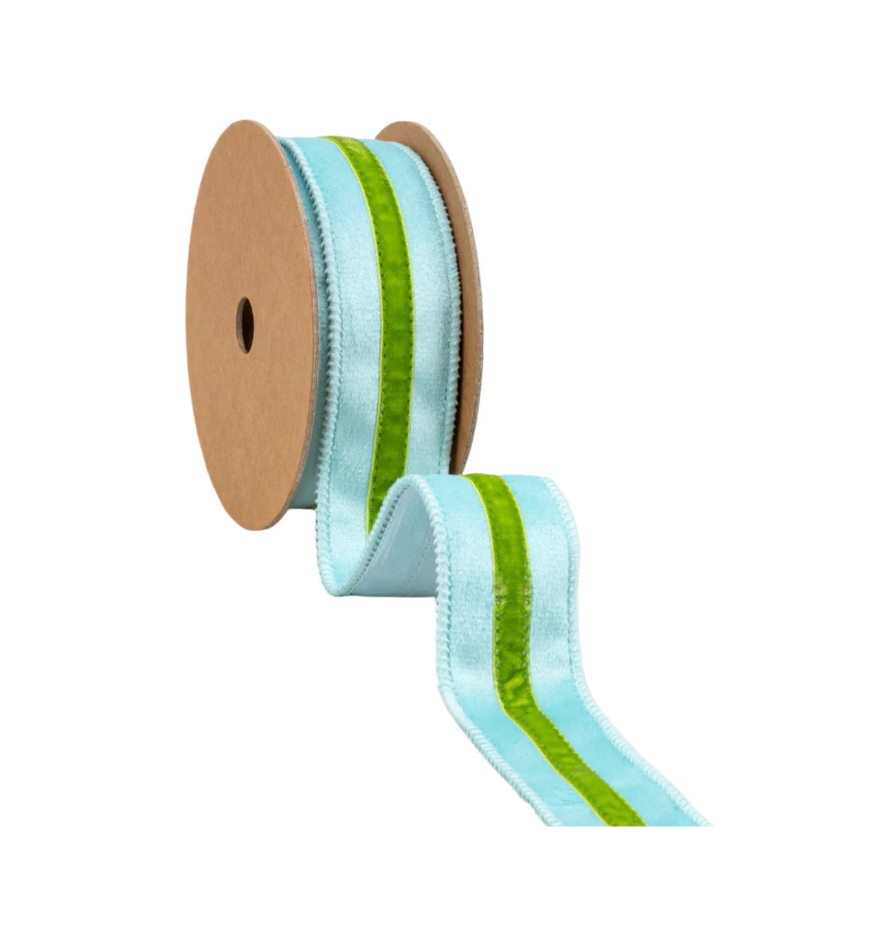 1 1/2” Wired Velvet Ribbon/Blue w Green Trim/10 Yards