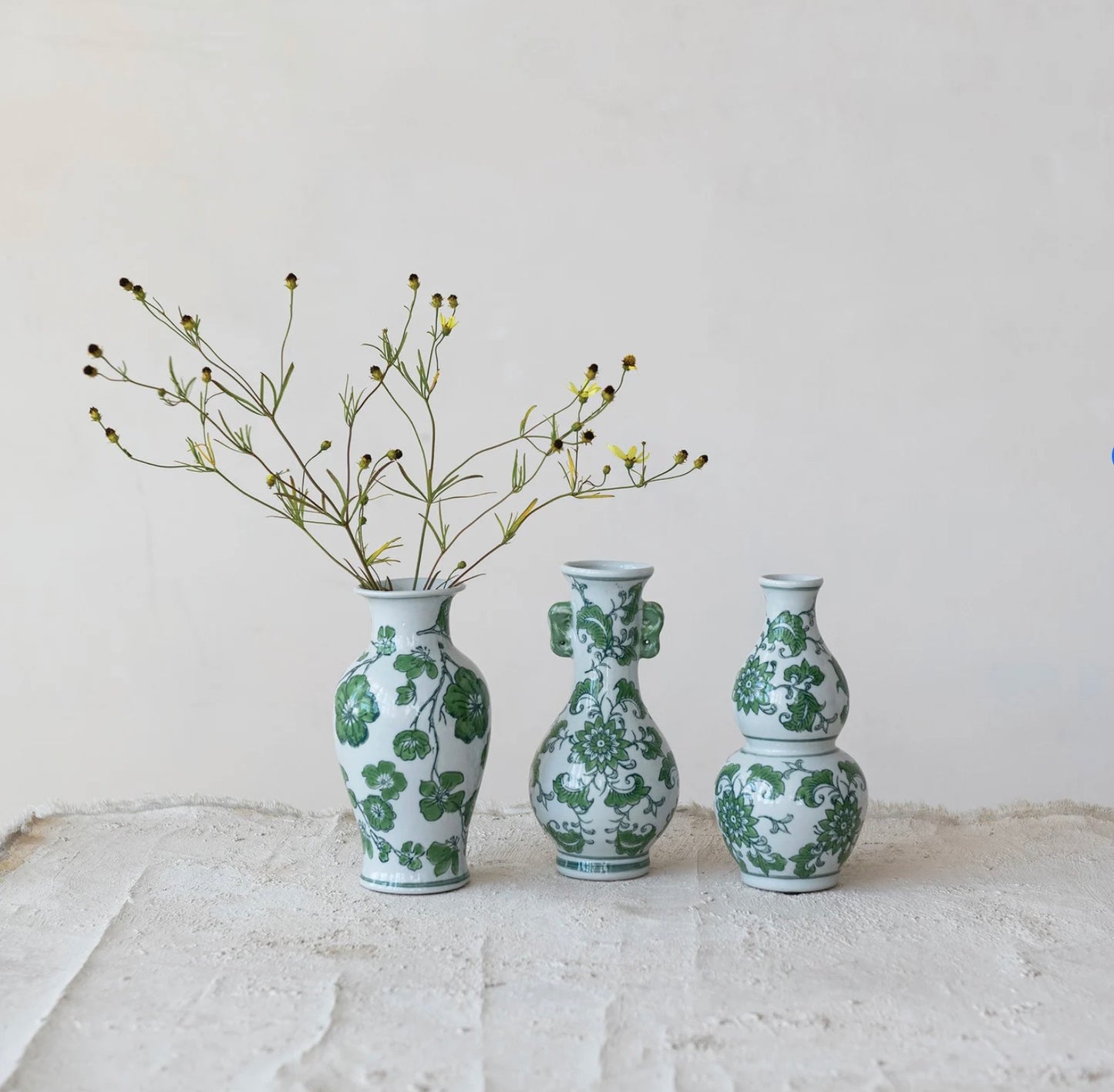 Hand Painted Stoneware Vase w Floral Design,Green and White