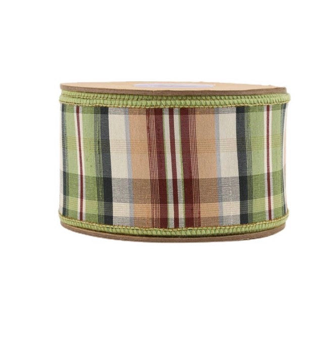 2 1/2” Wired Ribbon Green/Tan Plaid w Dupioni Back 10yrds