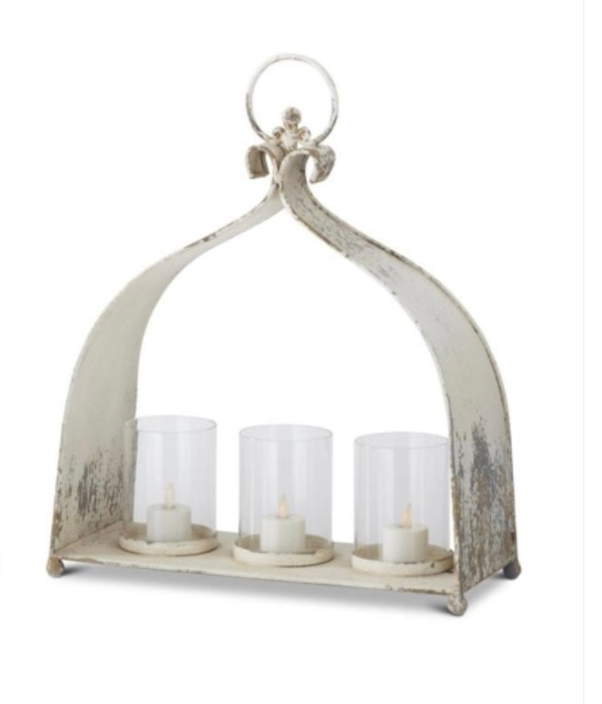 Weathered White & Gold 3 Hurricane Candleholder Lantern