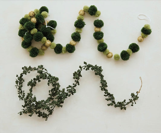 Fabric Pom Pom Garland, Green & Gold Color