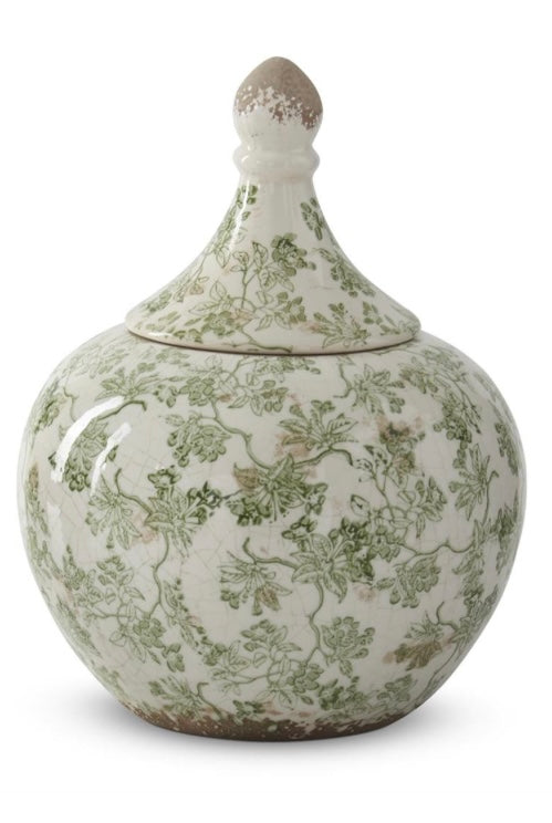 11.75" Green & Cream Crackled Ceramic Chinoiserie Ginger Jar