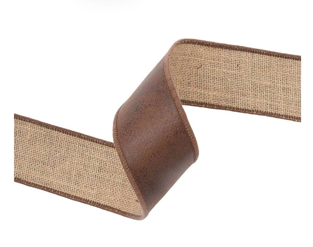 2 1/2” Wired Leather Ribbon Brown w Jute Backing