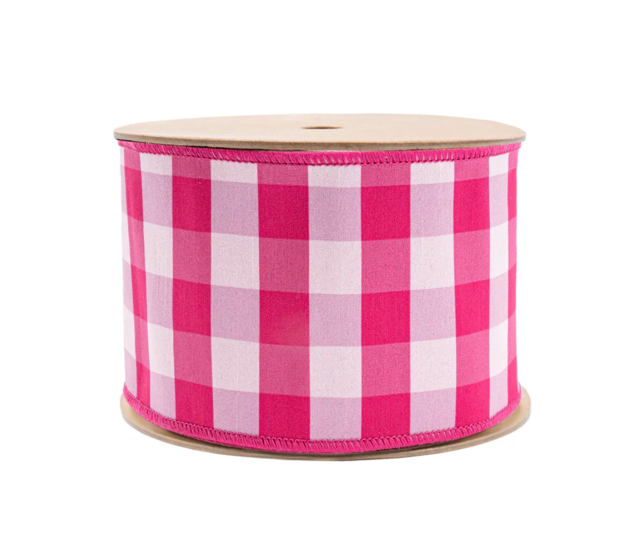 4” Wired Ribbon/Pink & White Medium Check w Pink Backing/10 Yard Roll