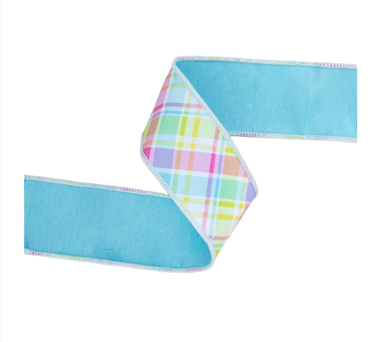 2 1/2” Wired Dupioni Ribbon/Bias Large Plaid Blue & Yellow w Blue Taffeta Fused Back/10 Yard Roll