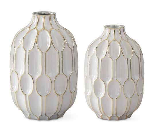 White Glass and Gold Oval Embossed Vase