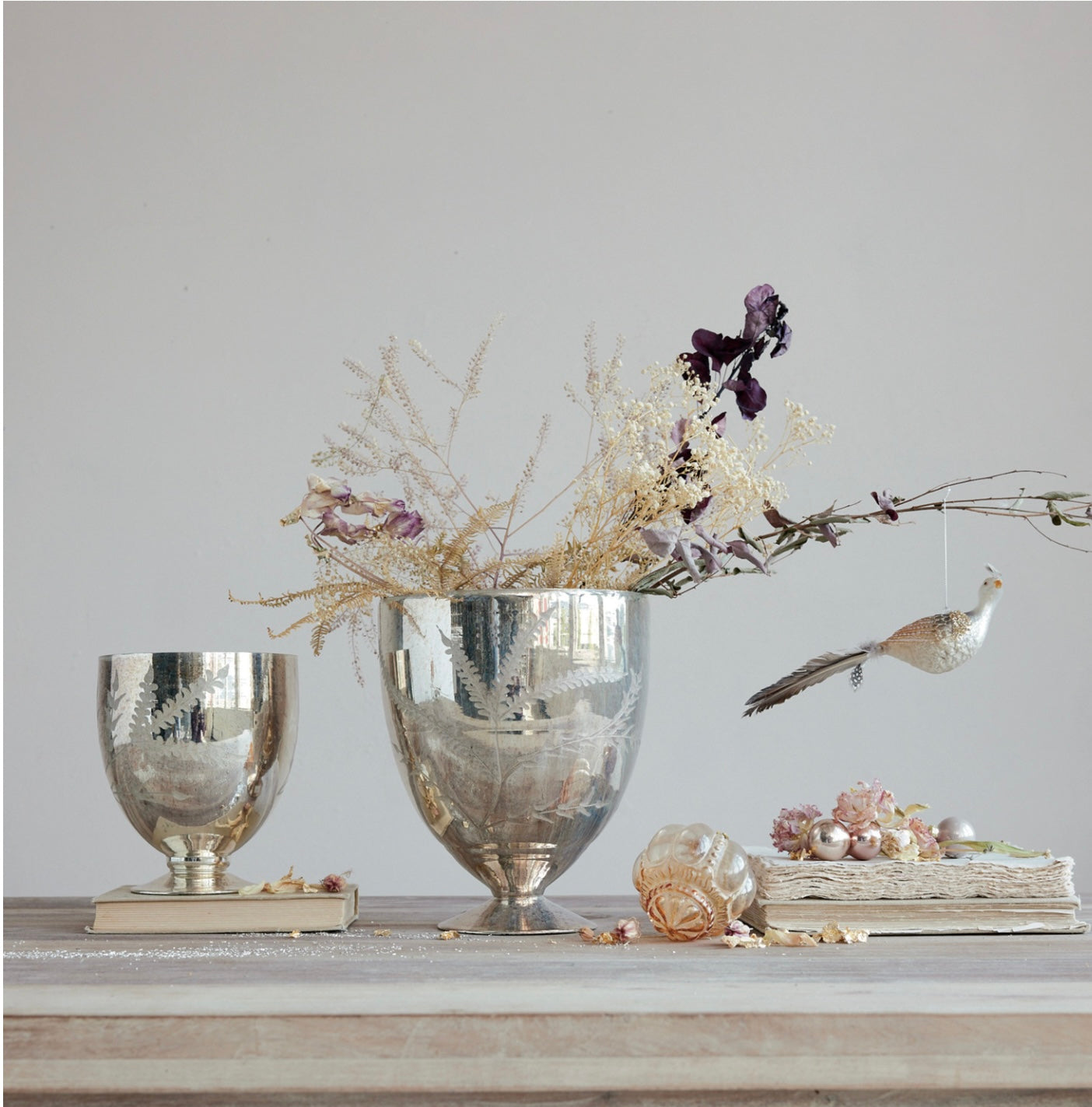 Etched Mercury Glass Footed Vase, Antique Copper Finish