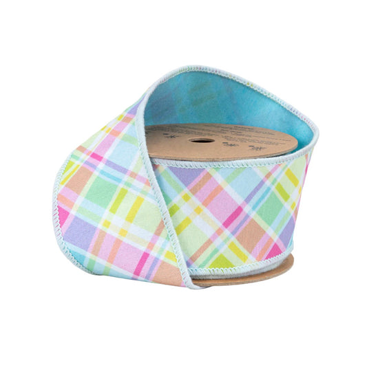 2 1/2” Wired Dupioni Ribbon/Bias Large Plaid Blue & Yellow w Blue Taffeta Fused Back/10 Yard Roll