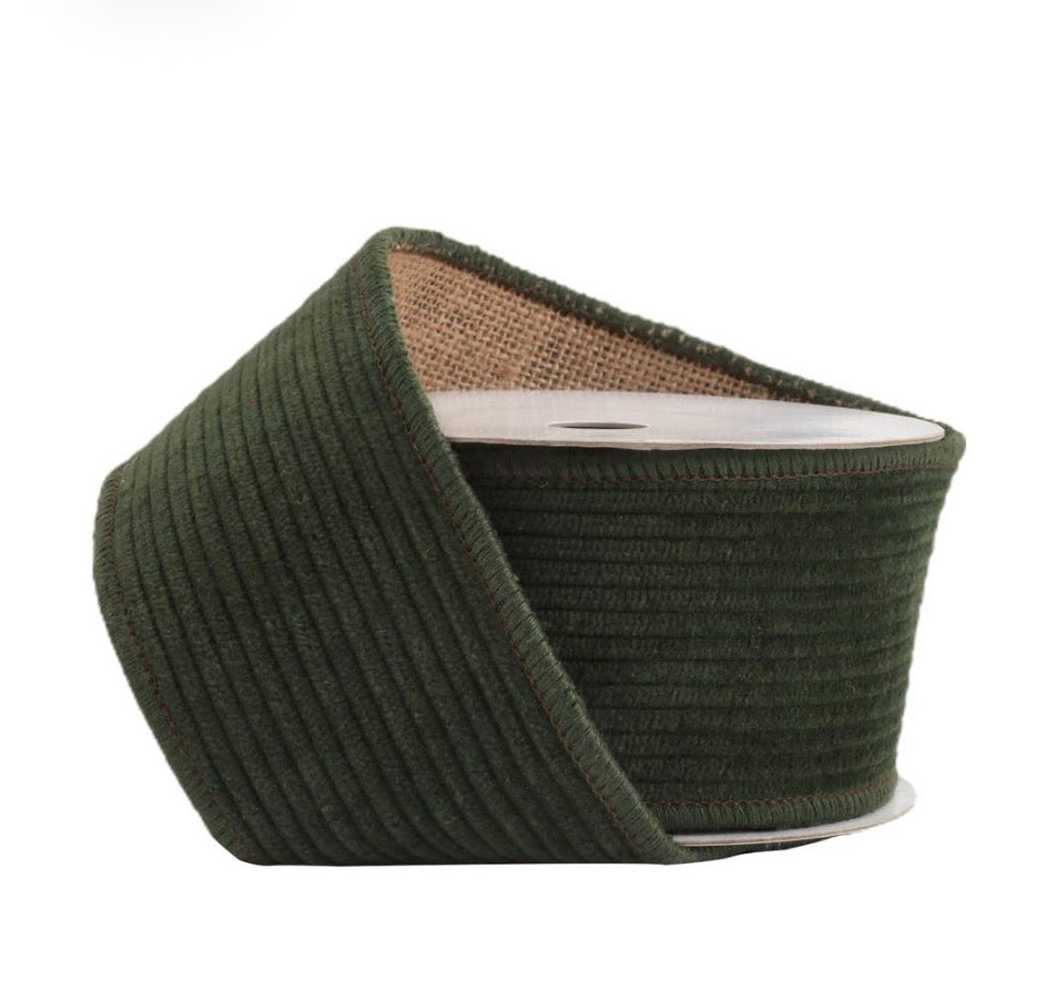 2 1/2” Wired Corduroy Ribbon Green w Burlap Back, 5yd
