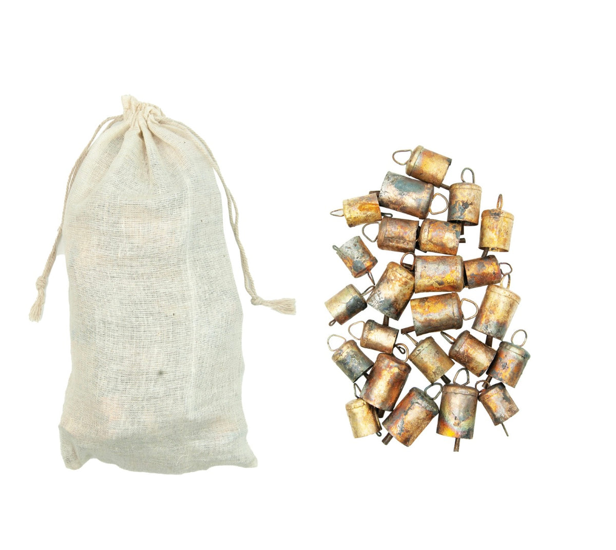 Metal Bells in Muslin Bag, Distressed Gold Finish, Set of 24