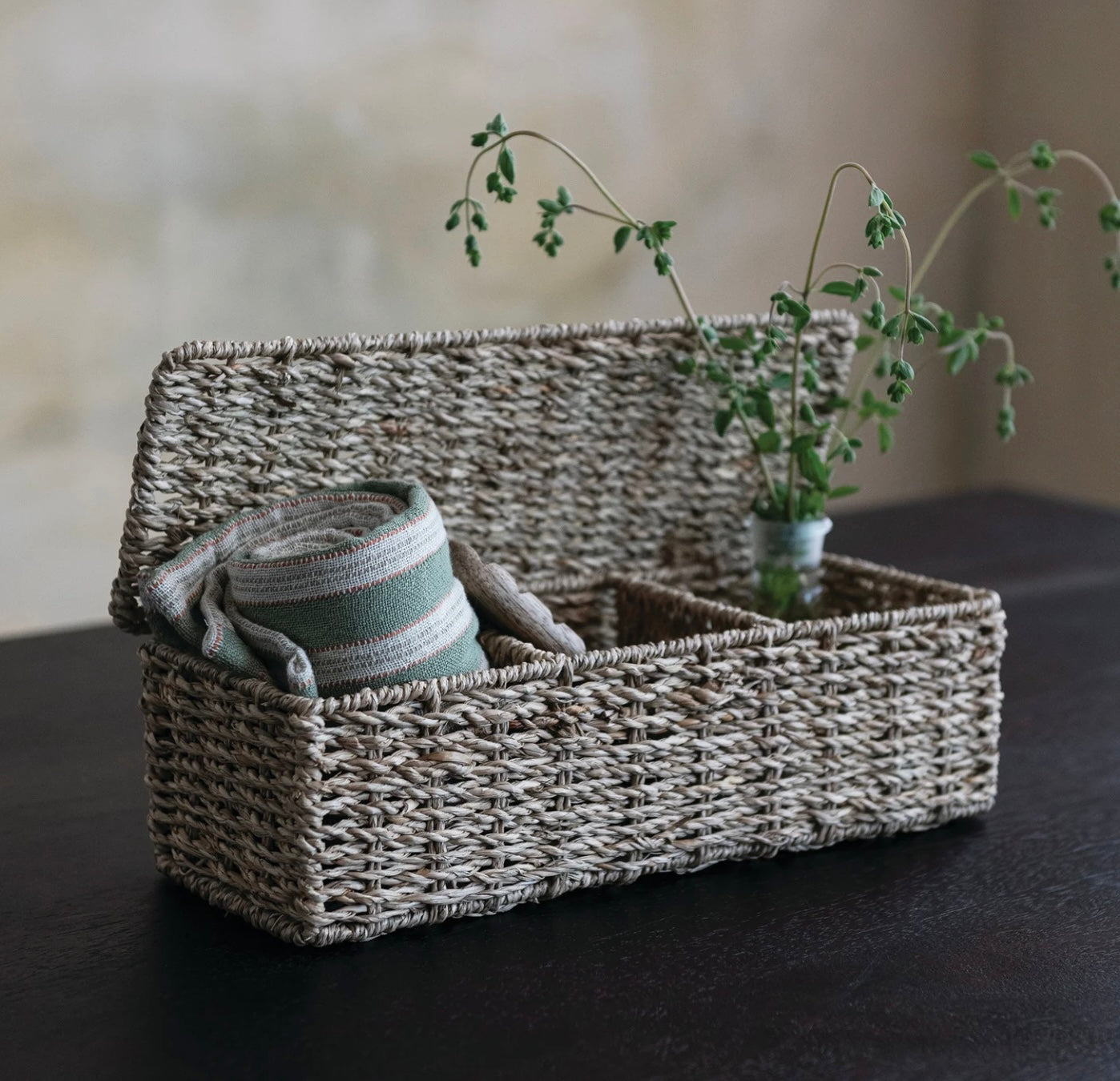 Hand Woven Seagrass Baskets w/ 3 Sections & Lid, Natural