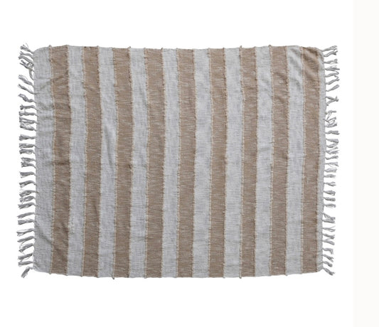 Cotton Blend Throw w Stripes & Fringe,Tan
