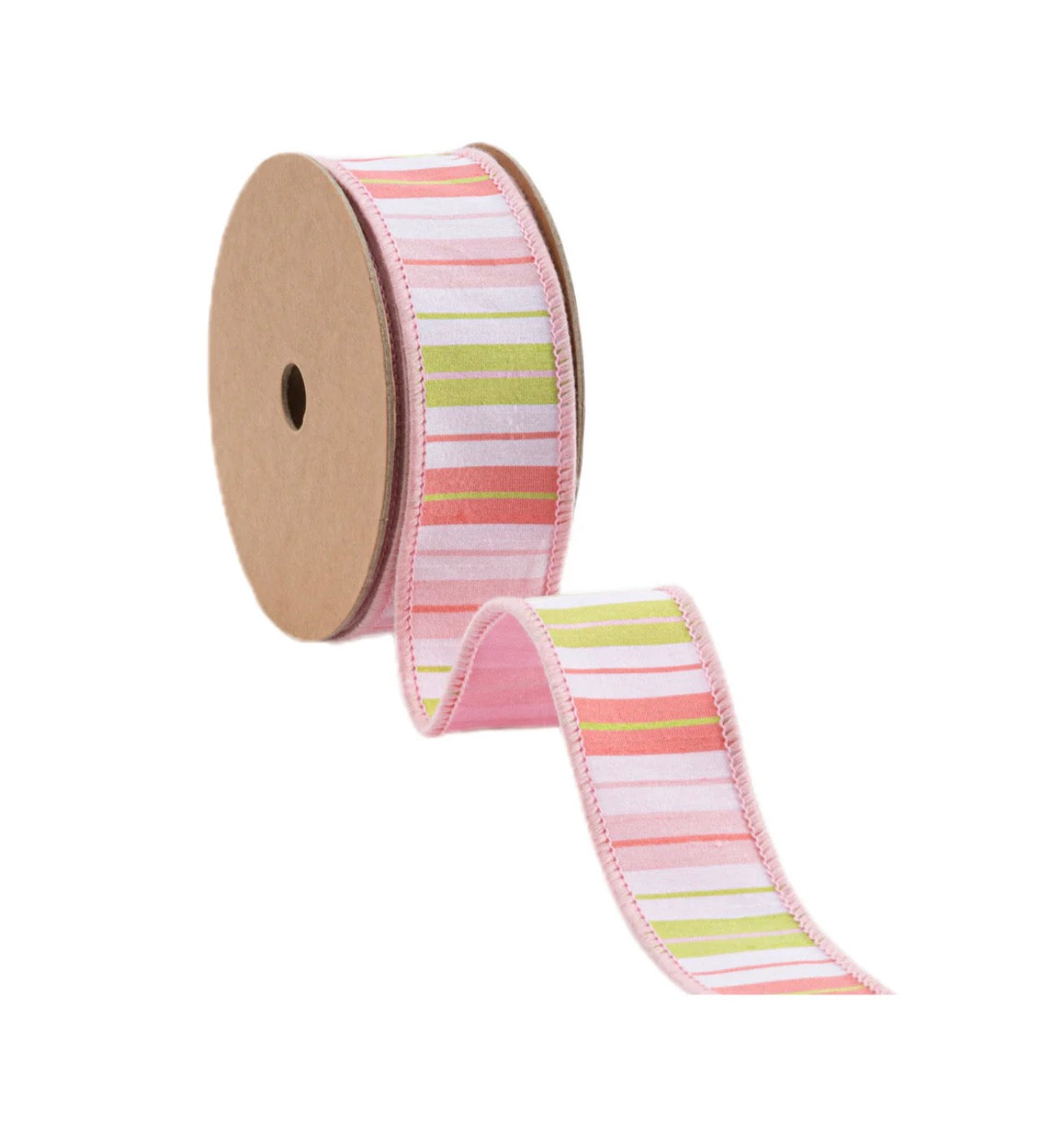 1 1/2” Wired Ribbon/Pink Green White Stripes w Pink Backing/10 Yard Roll