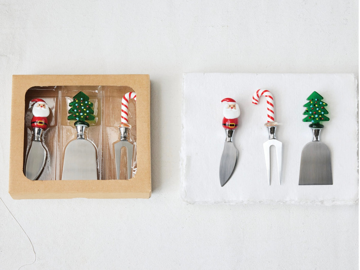 Cheese Knives w/ Hand-Blown Glass Holiday Icon Handle, Boxed Set of 3