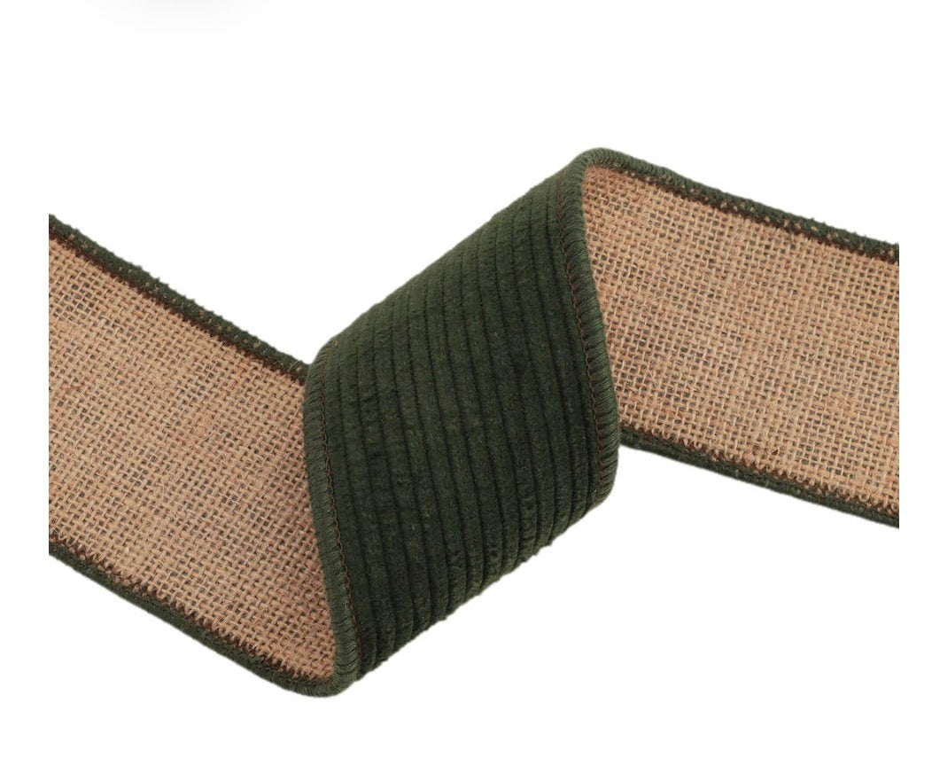 2 1/2” Wired Corduroy Ribbon Green w Burlap Back, 5yd