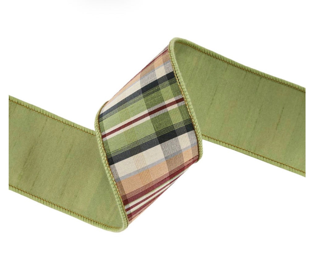 2 1/2” Wired Ribbon Green/Tan Plaid w Dupioni Back 10yrds
