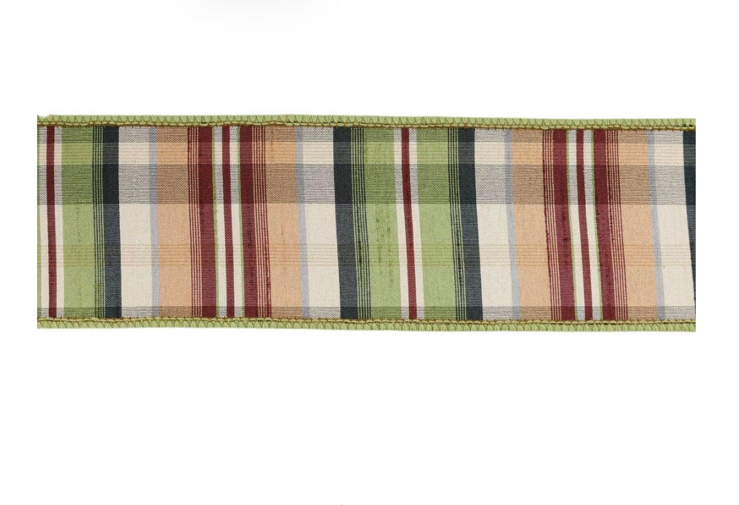 2 1/2” Wired Ribbon Green/Tan Plaid w Dupioni Back 10yrds