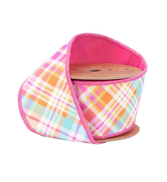 2 1/2” Wired Dupioni Ribbon/Bias Plaid Hot Pink w Hot Pink Taffeta Fused Back/10 Yards