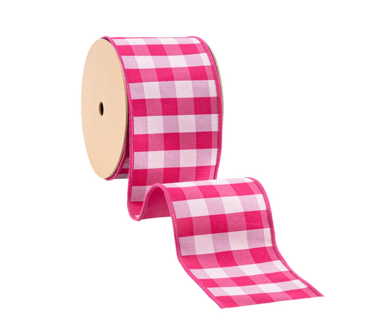 4” Wired Ribbon/Pink & White Medium Check w Pink Backing/10 Yard Roll