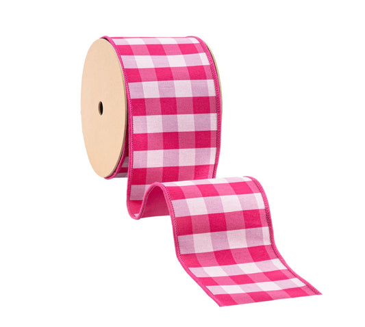 4” Wired Ribbon/Pink & White Medium Check w Pink Backing/10 Yard Roll