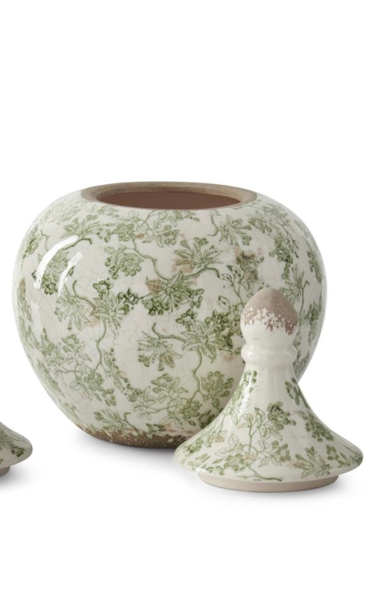 11.75" Green & Cream Crackled Ceramic Chinoiserie Ginger Jar