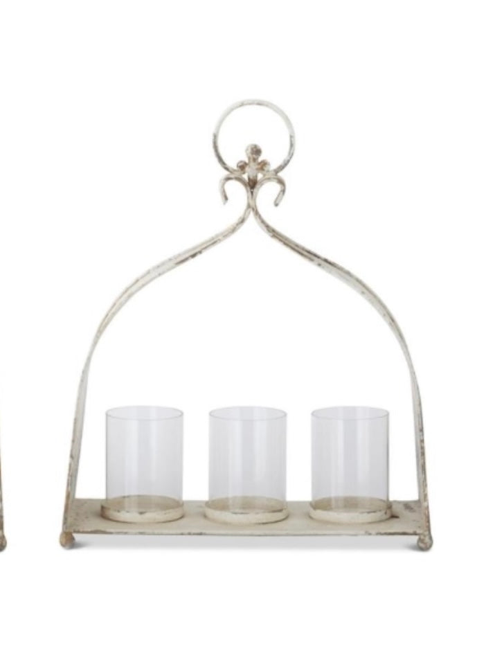 Weathered White & Gold 3 Hurricane Candleholder Lantern
