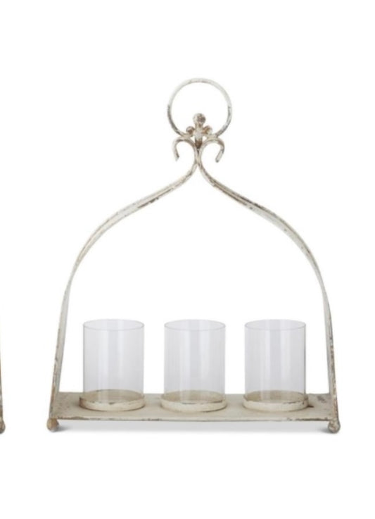 Weathered White & Gold 3 Hurricane Candleholder Lantern