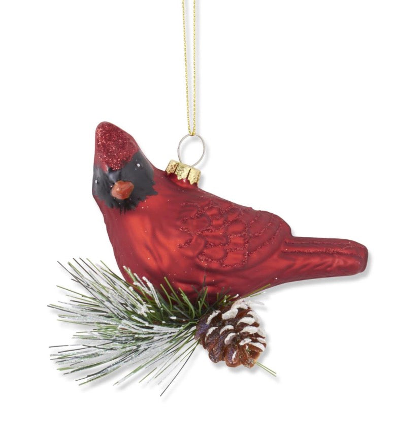 3.5” Red Glittered Blown Glass Cardinal Ornament