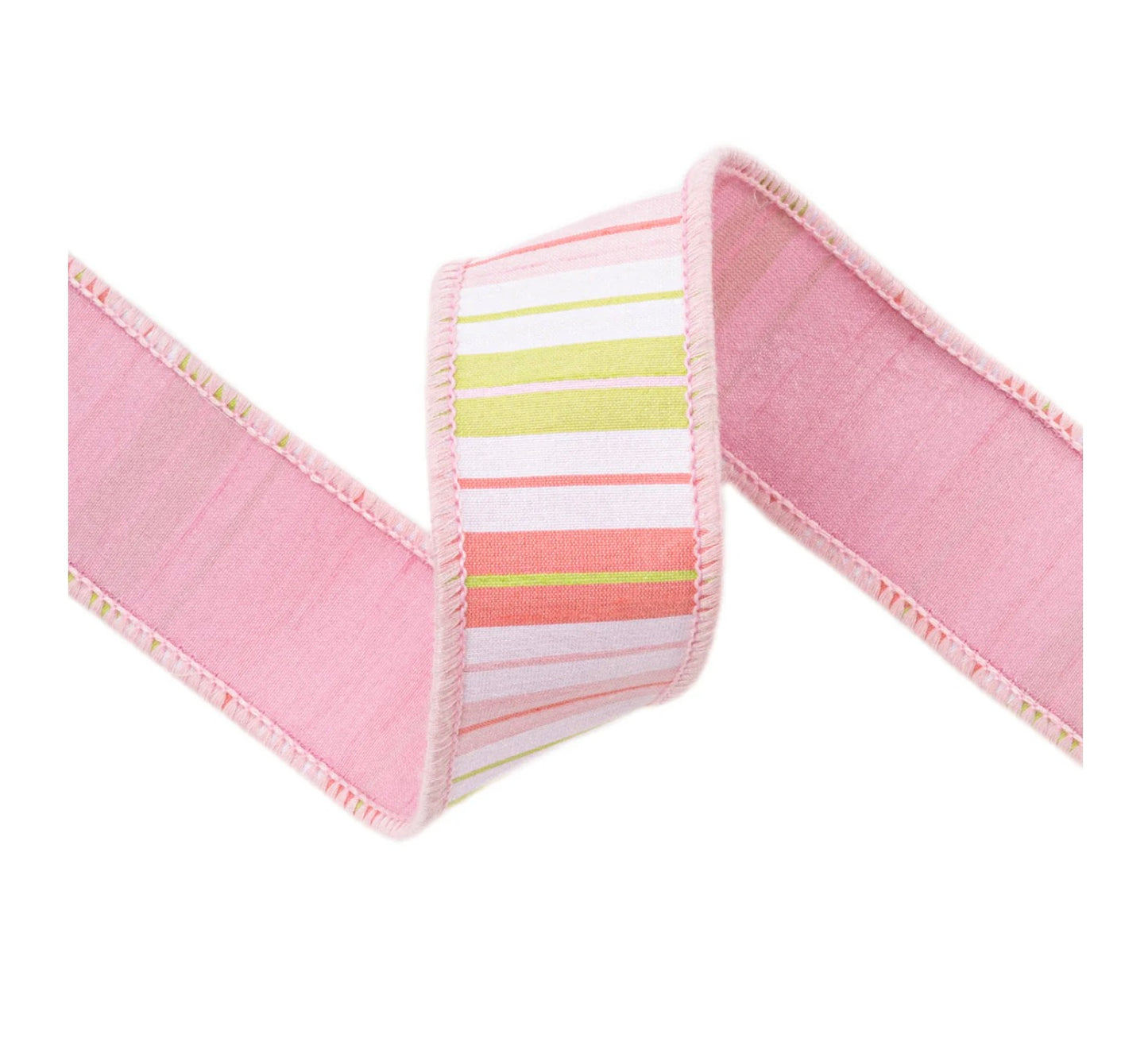1 1/2” Wired Ribbon/Pink Green White Stripes w Pink Backing/10 Yard Roll