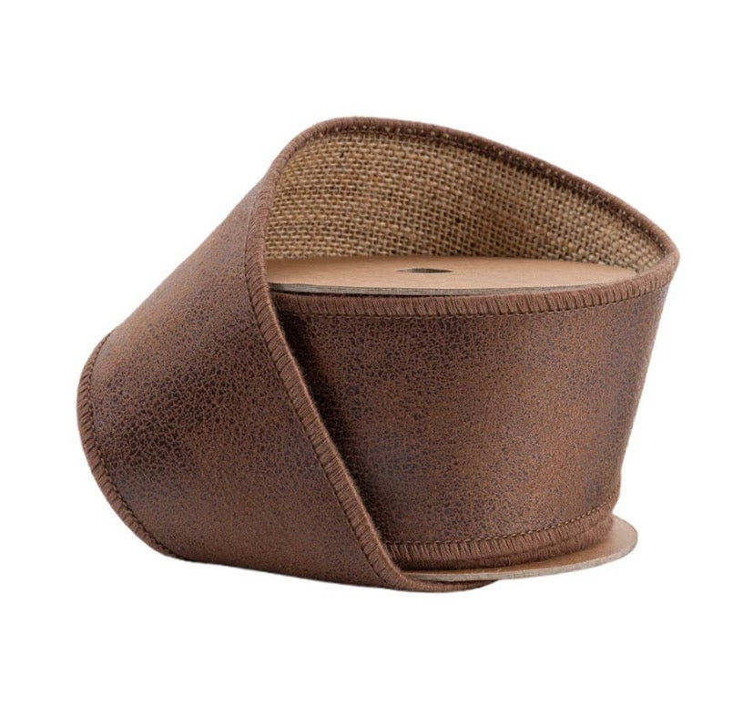 2 1/2” Wired Leather Ribbon Brown w Jute Backing